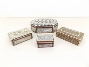 lot 52 image: Collection of 4 Inlayed Mother of Pearl and Bone Mosaic Boxes
