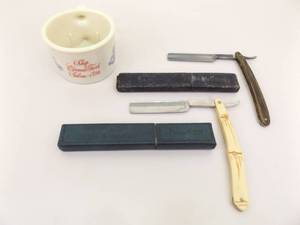 lot 61 image: Lot of 2 Antique Straight Razors and Shaving Mug