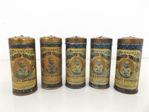 lot 88 image: Lot of 5 GENUINE Antique 1879 Mennens Borated Talcum Tins