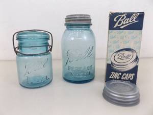 lot 94 image: 2 Antique Glass Lidded Ball Mason Jars and NEW in Original Box 12 Zinc Lids