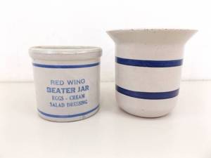 lot 98 image: 2 Vintage Red Wing and Roseville Pottery Beater Jars