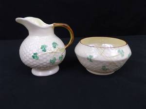 lot 100 image: Antique Belleek Cream and Sugar Bowls