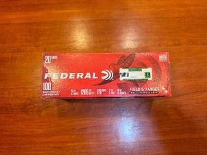 lot 19 image: Federal 20 Gauge 2 34 7 12 Shot Shells (Pack of 4 boxes, 25 per box)