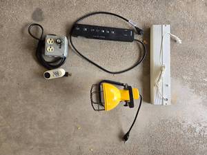 lot 120 image: Group of Electrical Equipment Light Fixture, Power Strip, and Connectors