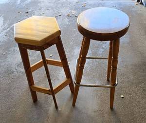 lot 169 image: Set of 2 Wooden Bar Stools - Hexagonal & Round Designs