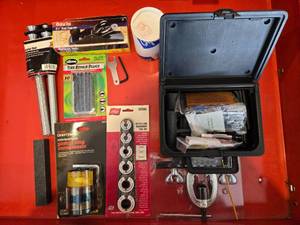 lot 557 image: Assortment of Mechanics Tools and Tire Repair Supplies