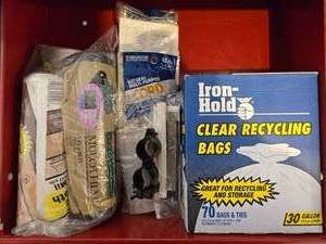 lot 585 image: Assortment of Packaging and Storage Supplies - Iron Hold Recycling Bags & More
