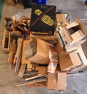 lot 633 image: Assortment of Assorted Wood Pieces and Cardboard Boxes