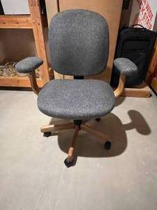 lot 213 image: Office Chair with Wooden Arms and Gray Upholstery