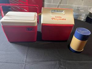 lot 219 image: 2 Small Red Lunch Box Coolers and a Canister