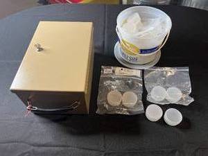 lot 220 image: Tan Metal Lockbox and Small Round Containers