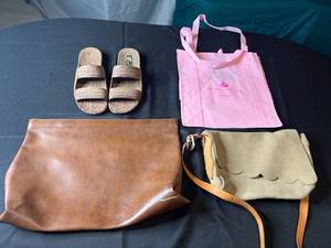 lot 266 image: Group of 4 Fashion Accessories Leather Clutch Bag, Suede Crossbody Bag, & Sandals
