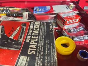 lot 360A image: Assortment of Tools and Fasteners - Including Staple Tacker and Air Fittings