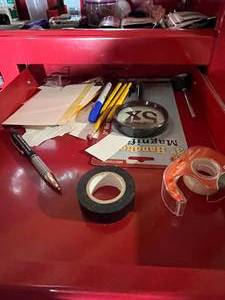 lot 364 image: Assortment of Tools and Office Supplies - Includes Drill Bits, Pens, and More