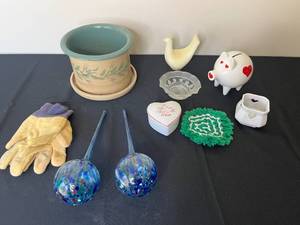lot 383 image: Collection of Home Decor Items - Plant Pot, Heart Box, Glass Plant Watering Bulbs & More