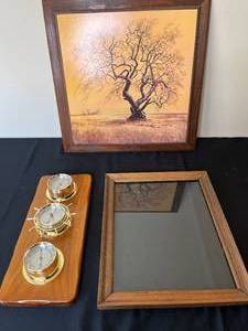 lot 387 image: Vintage Decorative Wall Art and Barometer Set - Includes Framed Artwork, Mirror Frame, and Weather Station