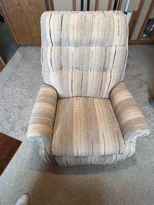 lot 402 image: Vintage Recliner Chair with Ottoman - Cream Stripe Fabric