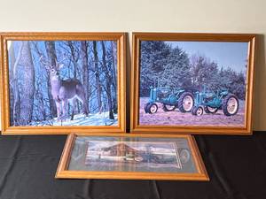 lot 205 image: Collection of 3 Framed Farm and Wildlife Prints - Tractor and Deer Themes