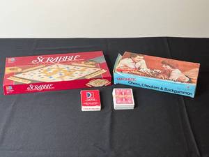 lot 244 image: Assorted Games - Scrabble, Magnetic Chess, Checkers & Backgammon with Deck of Cards
