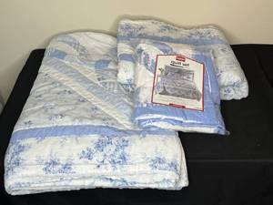 lot 248 image: Queen Size Floral Quilt Set - 3 Pieces, Blue and White