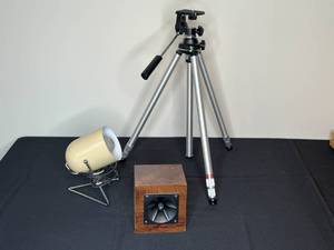 lot 263 image: Vintage Photography Tripod with Portable Lamp and Wooden Speaker Box