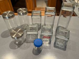 lot 438 image: Group of Assorted Glass Storage Jars with Metal and Plastic Lids