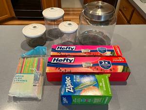 lot 441 image: Group of Home Storage Containers and Ziplock Bags with Straws