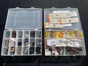 lot 44 image: Assortment of Electronic Components in Storage Box - Resistors, Connectors, Miscellaneous Parts