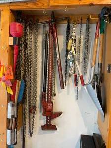 lot 11 image: Assorted Tools and Equipment - Includes Hi-Lift Jack, Chains, and More