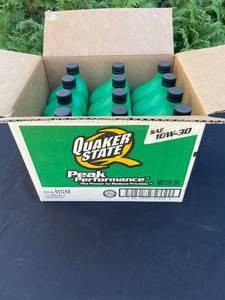 lot 154 image: Box of Quaker State Peak Performance 10W-30 Motor Oil - 1 Quart Bottles