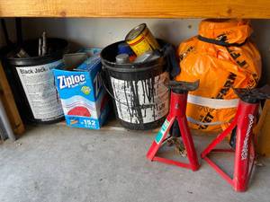 lot 158 image: Group of 4 Garage Storage Items - Includes Jack Stands, Buckets, and Ziplock Bags