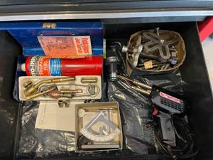 lot 594 image: Tool Box Drawer of Misc Tools & Hardware Inc Jet Torch w Propane Fuel