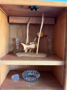 lot 430 image: Collection of Decorative Glass and Wood Art Pieces Inc Glass Candle Holders, Covered Heart Dish & Hand Carved Fish