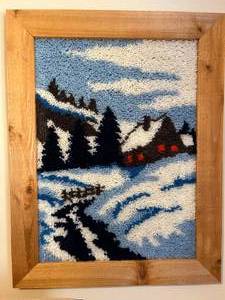 lot 497 image: Framed Vintage Wool Hooked Wall Art - Winter Landscape