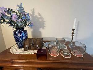 lot 502 image: Vintage Decorative Lot - Vase, Chest, Candle Holder, and Glass Bowls