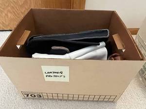 lot 512 image: Box of Leather Craft Projects - Selection of Partial Gloves and Accessories
