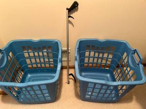 lot 518 image: Set of 2 Blue Plastic Laundry Baskets with Reaching Tool