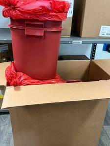lot 31 image: 1 Case (10 each) NEW Medegen 8705 8-Gallon Single-Use Non-Sterile Stackable Sharps-Tainer Sharps Container - Red - open box