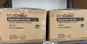 lot 43 image: 2 Cases (25 each per case) NEW MediChoice 03504BS Latex-Free Premium SMS Non-Woven Knit Cuffs Disposable Lab Coat - Size Small Blue
