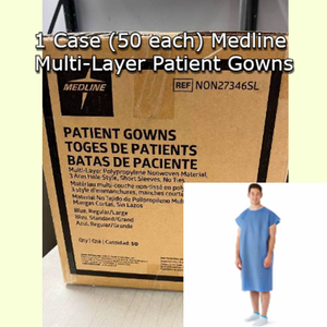 lot 53 image: 1 Case (50 each) NEW Medline NON27346SL Multi-Layer Polypropylene Non-Woven Material Patient Gowns - 3 Arm Hole Style, Short Sleeves, No Ties