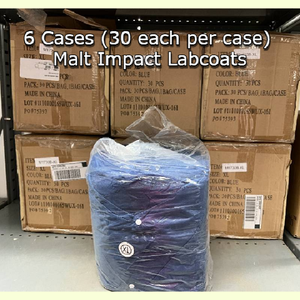 lot 90 image: 6 Cases (30 each per case) NEW Malt Impact M1730B PolyLite Long Sleeve Labcoats - Size XL Blue