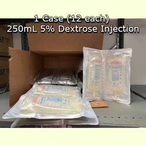 lot 15 image: 1 Case (12 each) NEW Hospira 2-Pack 250 mL 5% Dextrose Injection Bags Exp 824 - open box