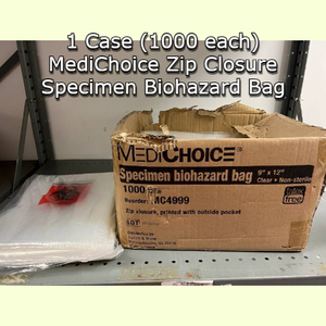 lot 19 image: 1 Case (1000 each) NEW MediChoice MC4999 9 x 12 Non-Sterile Latex-Free Zip Closure Specimen Biohazard Bag - Clear