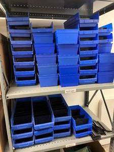 lot 68 image: Large Lot of Various Long Storage Supply Item Organizer Akro-Mils Style Tray Boxes Bins with Large Lot Of Black Dividers - For Medical Cart Drawers Or Miscellaneous Tools