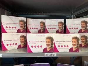 lot 74 image: Lot of 8 NEW ClearMask CM001EZ 24-Pack EZ-Adjuster Anti-Fog Fluid Resistant Latex-Free Transparent Face Masks