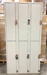 lot 2 image: MSRP $4000 American Locker Security System 6-Door Double Tier Quarter Coin OperatedReturn Painted Electro Galvanized Steel Lockers - Excellent Condition 76 x 36.5 x 18 All Lockers Have Locks & Keys