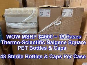 lot 16 image: WOW MSRP $4000  19 Cases (48 bottles with caps per case) NEW Nalgene Square PET Media Bottles with Closure Sterile, Shrink-Wrapped Trays -light-weight shatter-resistant space-saving square design Exp 128