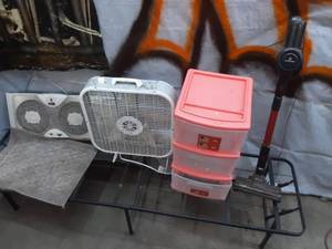 lot 53 image: Fans, 3 Drawer Storage Drawers, Rug, Vacuum, and Metal Frame