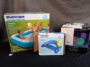 lot 10 image: Opened Boxes - Bluescape Family Pool, Bluescape Inflatable Comfort Chair, & 10-Inch Floating LED Orb Light