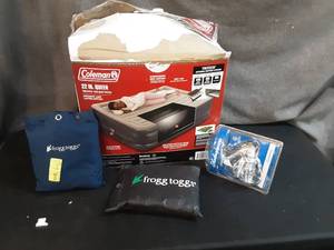 lot 23 image: Coleman 22in Queen Mattress, 2 Frogg Toggs Rain Suits, & Fishing Reel